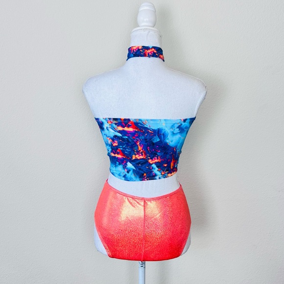 RaveAfterRave Blue Orange Tie Dye Tube Top, Holographic Bottoms, Choker Rave Set - Picture 3 of 5